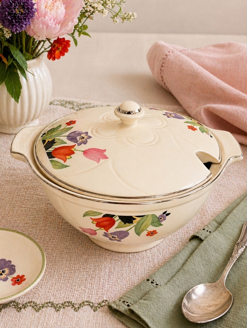 Vintage 30s Hall's Crocus Clover Embossed Soup Tureen Lid Floral Grandmillennial